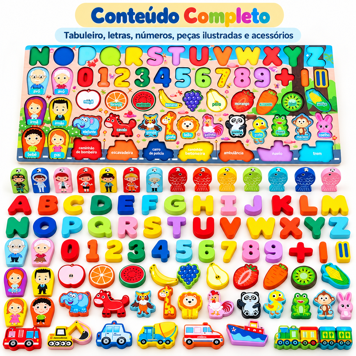 Brinquedo Educativo Montessori 4 em 1 – Pesca Magnética, Letras, Números e Jogo de Encaixe em Madeira