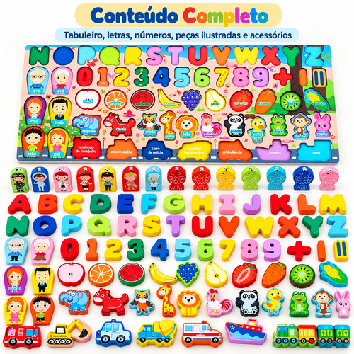 Brinquedo Educativo Montessori 4 em 1 – Pesca Magnética, Letras, Números e Jogo de Encaixe em Madeira