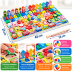Brinquedo Educativo Montessori 4 em 1 – Pesca Magnética, Letras, Números e Jogo de Encaixe em Madeira