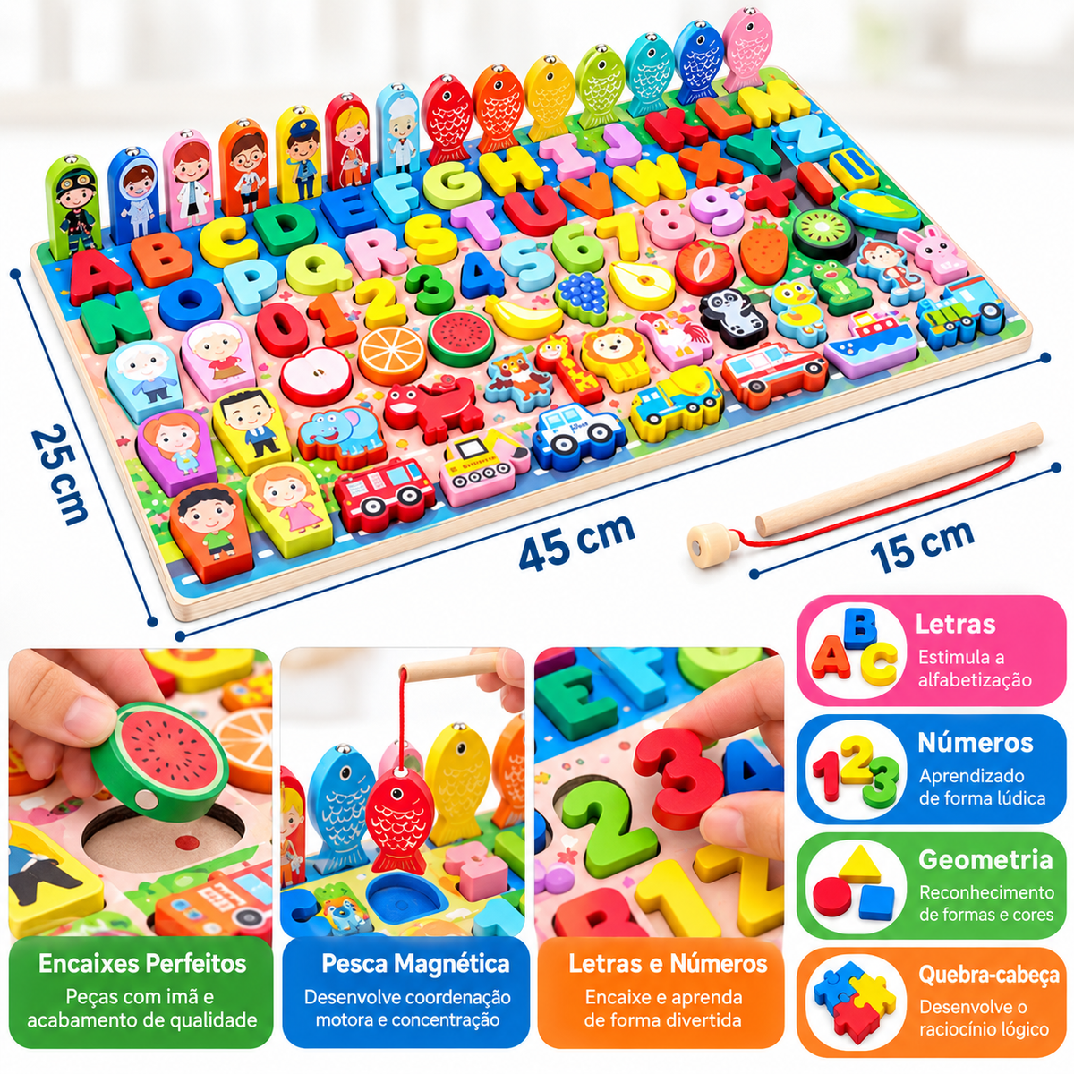 Brinquedo Educativo Montessori 4 em 1 – Pesca Magnética, Letras, Números e Jogo de Encaixe em Madeira