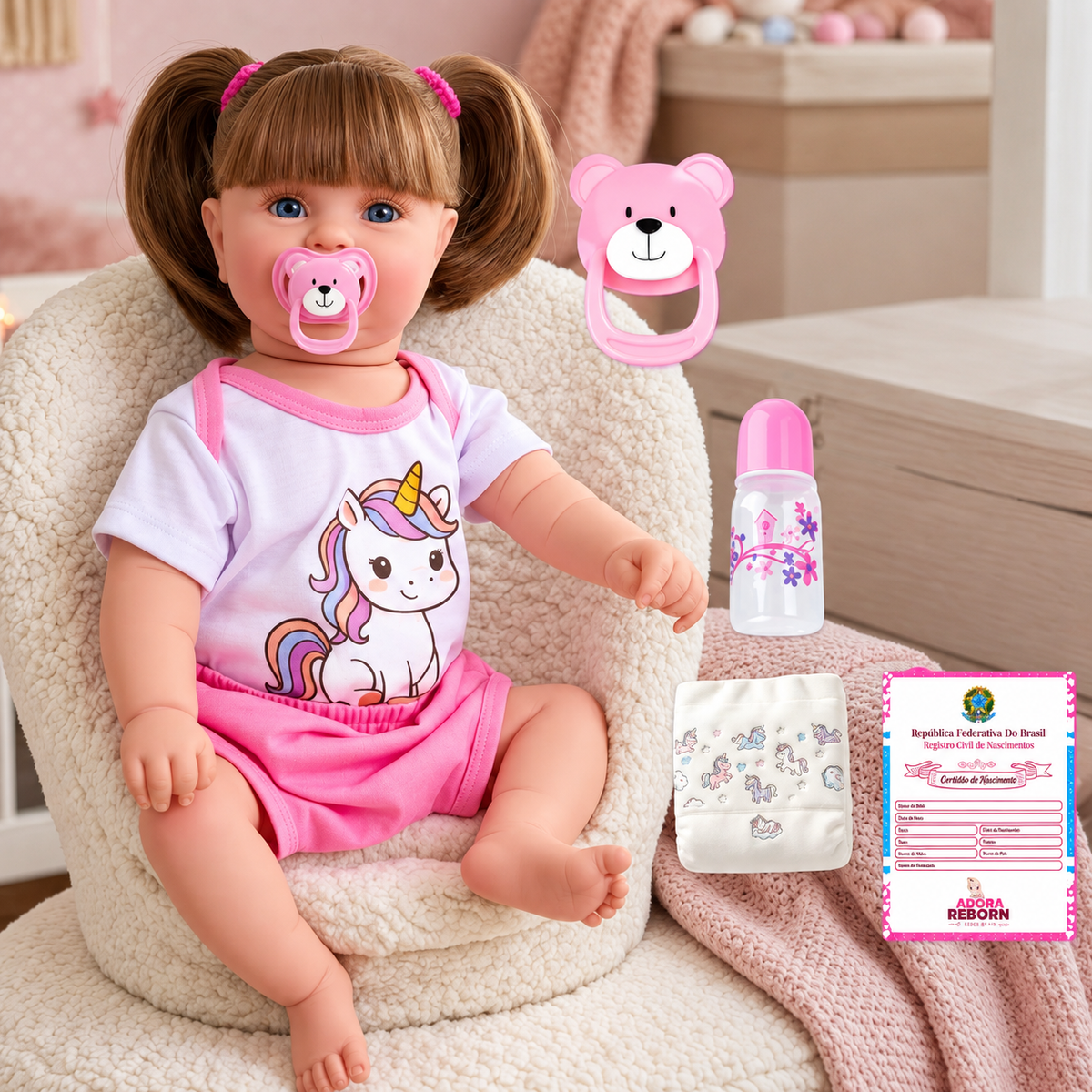 Boneca Bebê Reborn Menina de Silicone Realista Princesa Rosa com Olhos Castanhos – BRINCAPIM