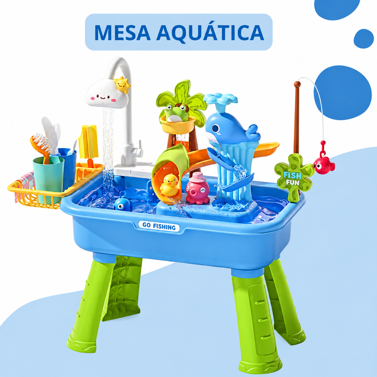 Mesa Aquática Infantil 2 em 1 com Pescaria, Torneira Elétrica, Patinhos e Acessórios Interativos