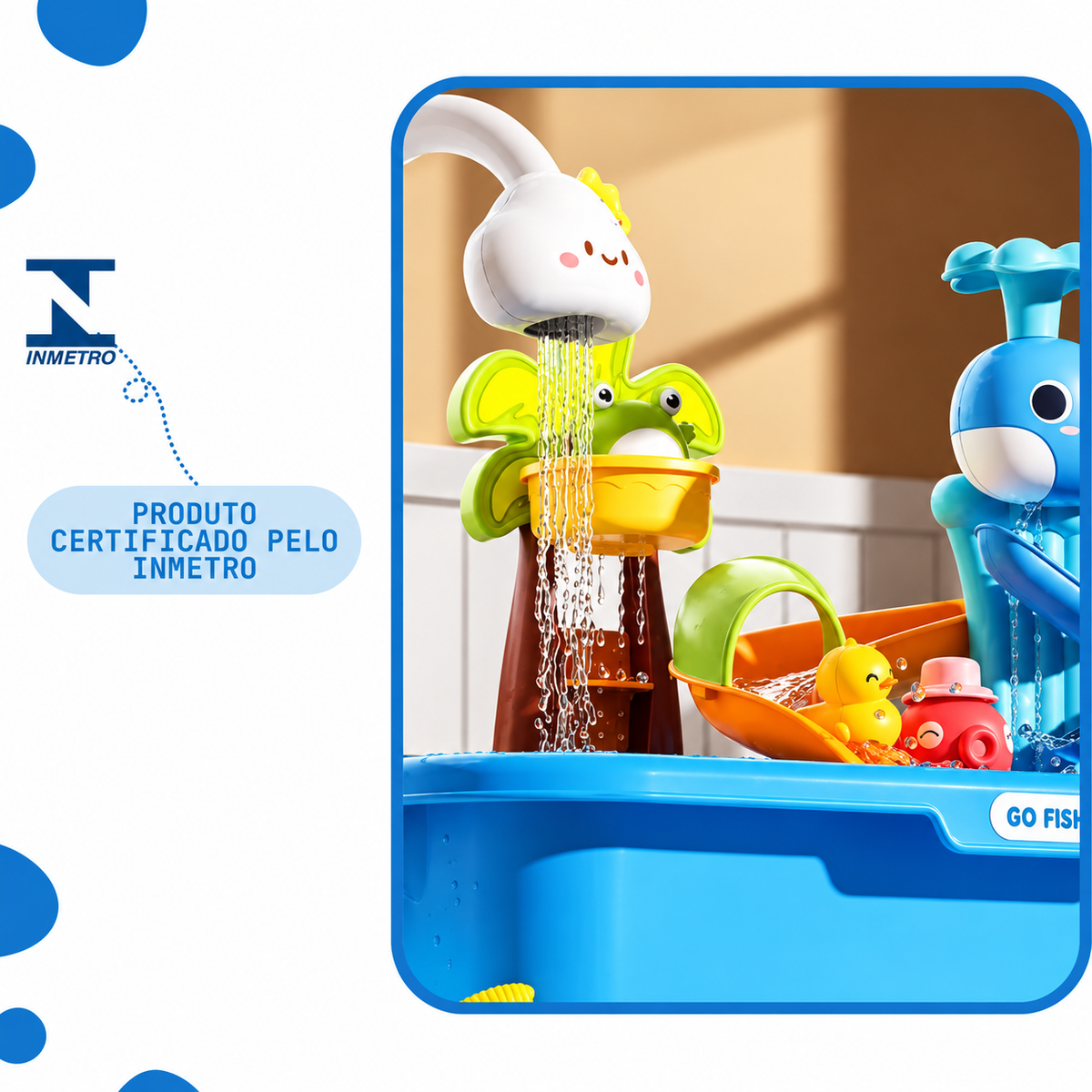 Mesa Aquática Infantil 2 em 1 com Pescaria, Torneira Elétrica, Patinhos e Acessórios Interativos