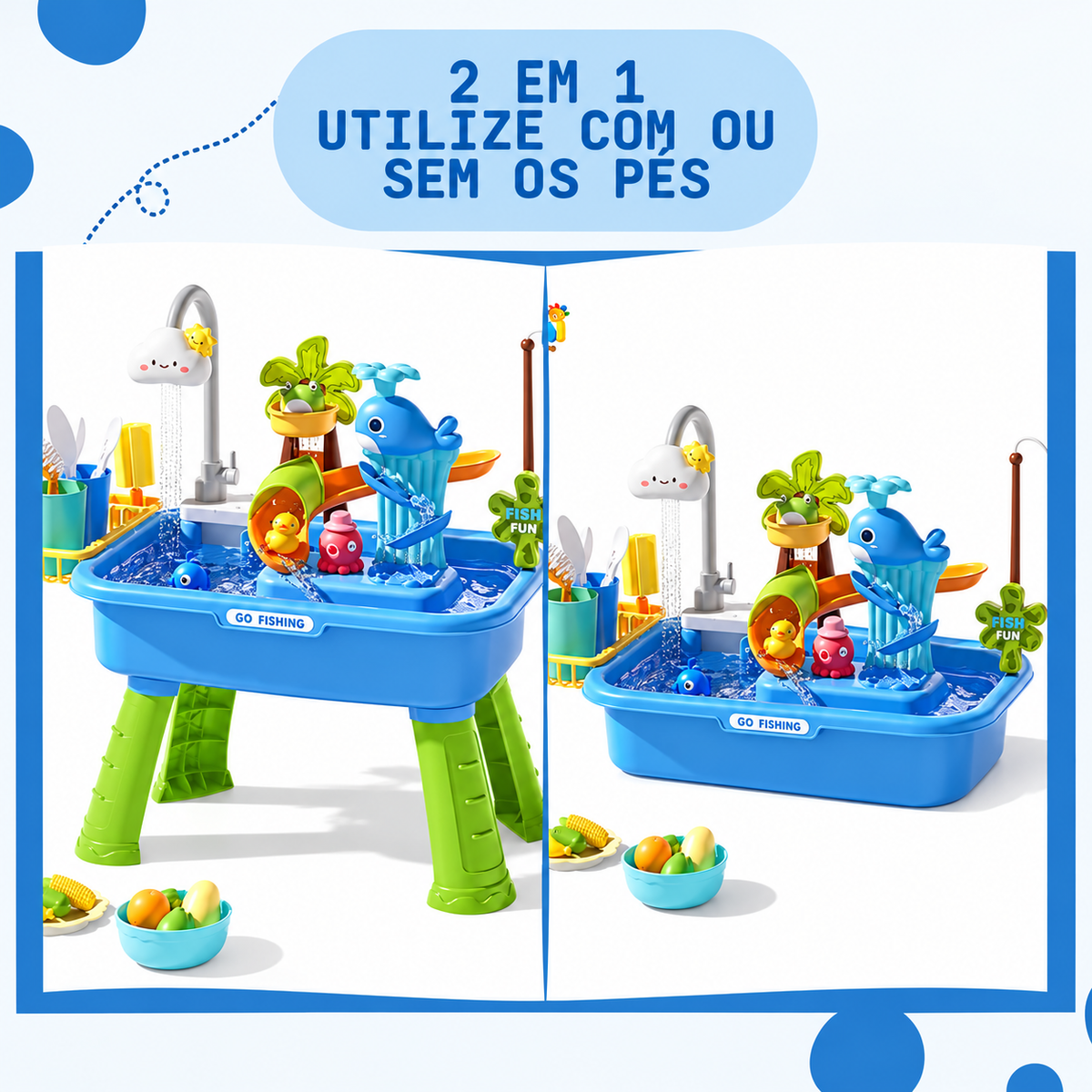 Mesa Aquática Infantil 2 em 1 com Pescaria, Torneira Elétrica, Patinhos e Acessórios Interativos