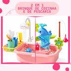 Mesa Aquática Infantil 2 em 1 com Pescaria, Torneira Elétrica, Patinhos e Acessórios Interativos
