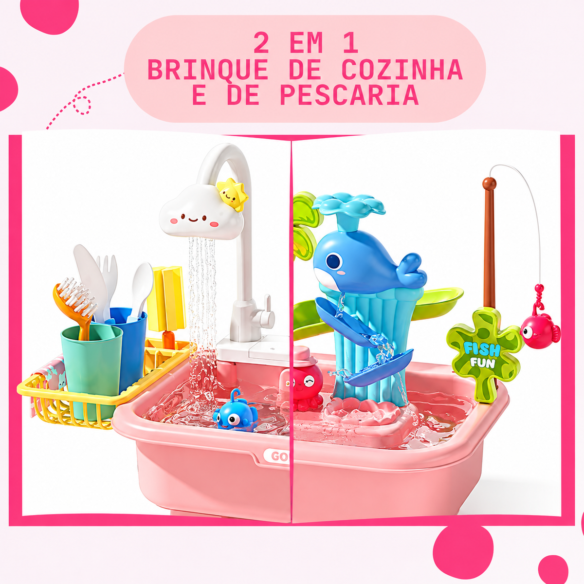 Mesa Aquática Infantil 2 em 1 com Pescaria, Torneira Elétrica, Patinhos e Acessórios Interativos