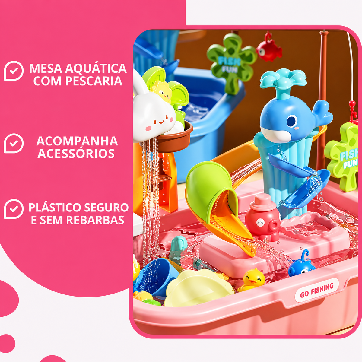 Mesa Aquática Infantil 2 em 1 com Pescaria, Torneira Elétrica, Patinhos e Acessórios Interativos