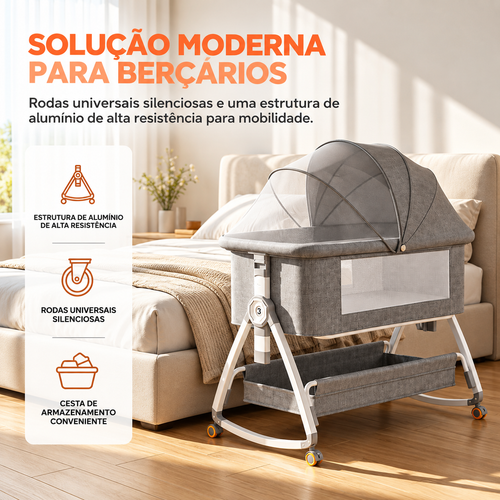 Berço Portátil Co-bed para Bebê 6 Alturas com Balanço, Mosquiteiro e Rodinhas