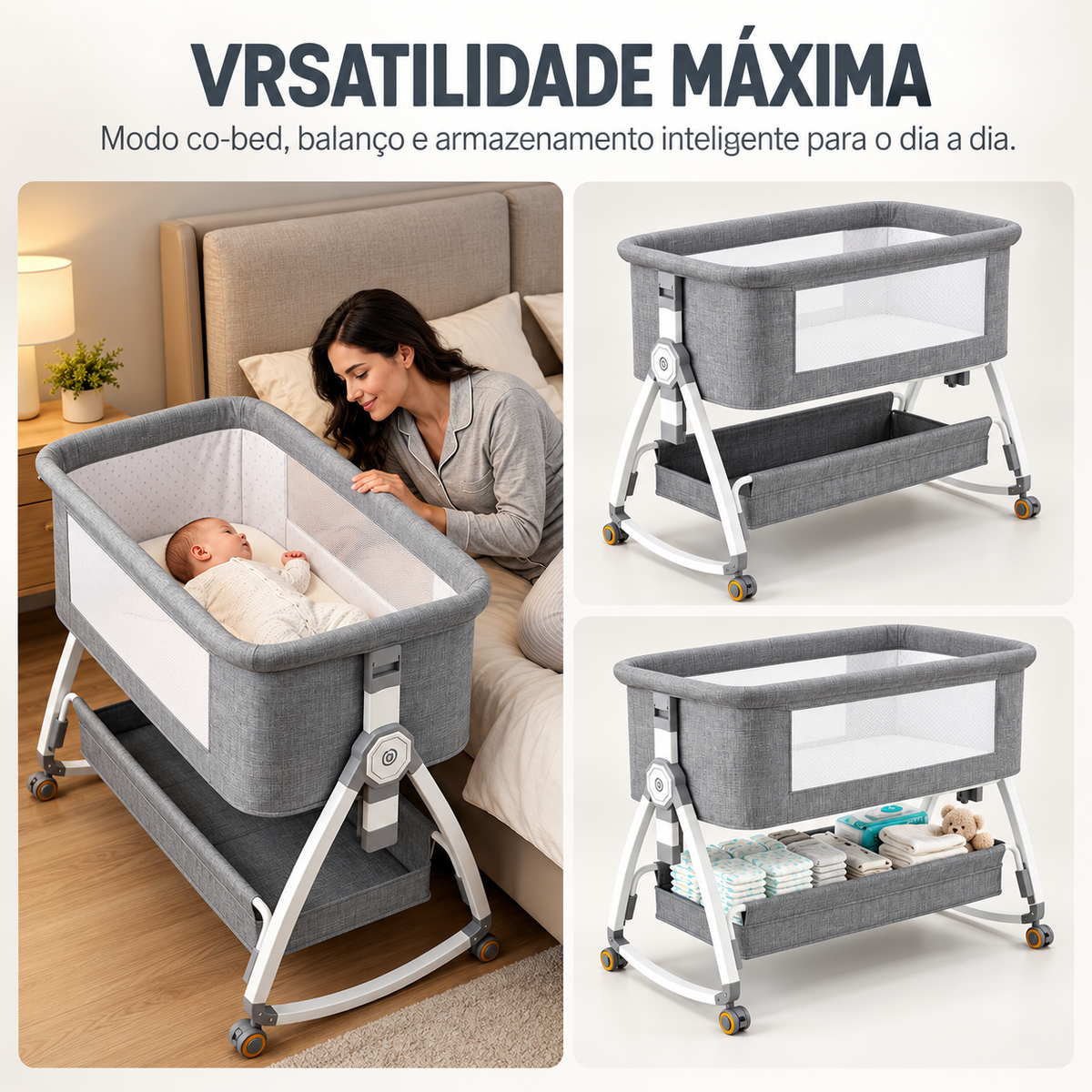 Berço Portátil Co-bed para Bebê 6 Alturas com Balanço, Mosquiteiro e Rodinhas