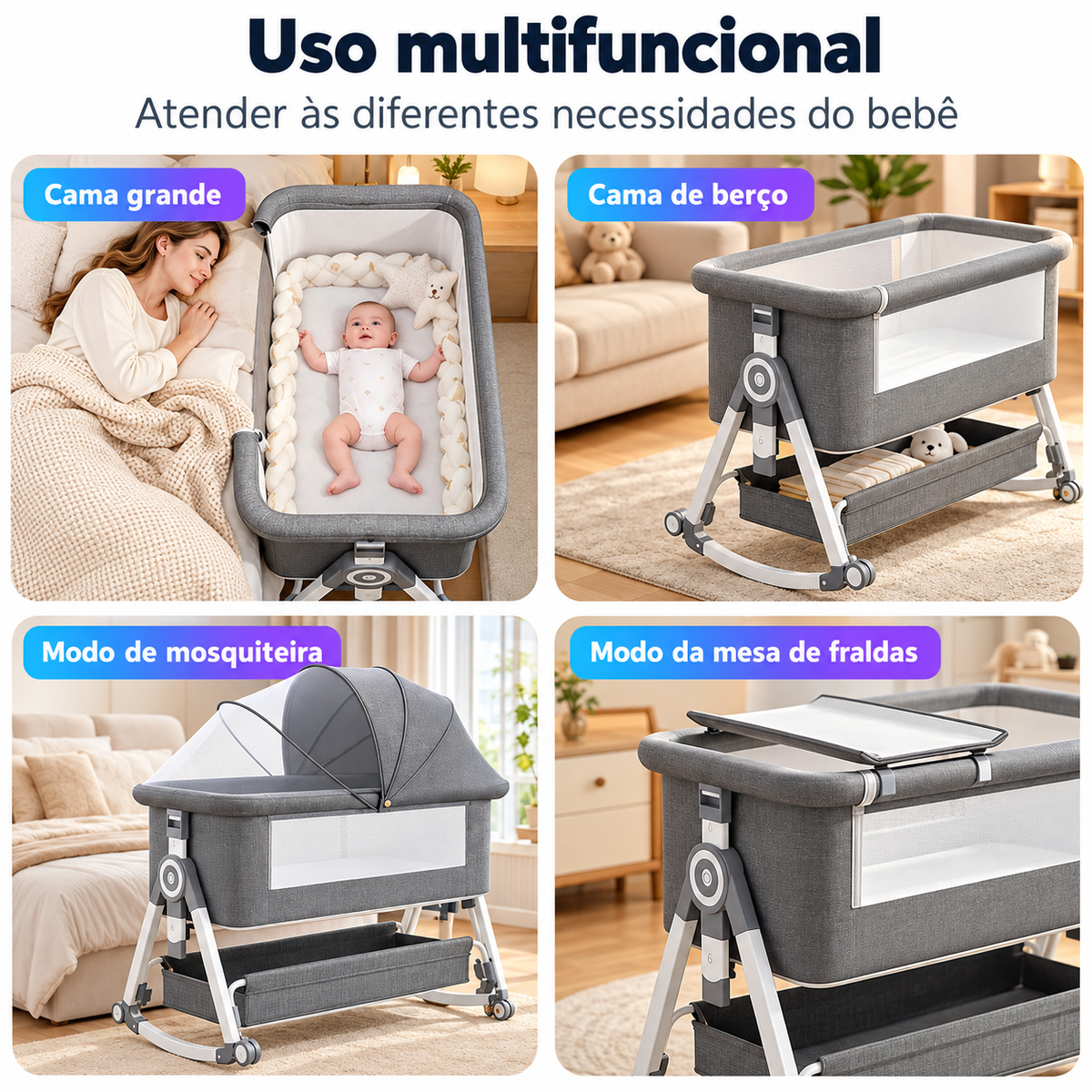 Berço Portátil Co-bed para Bebê 6 Alturas com Balanço, Mosquiteiro e Rodinhas