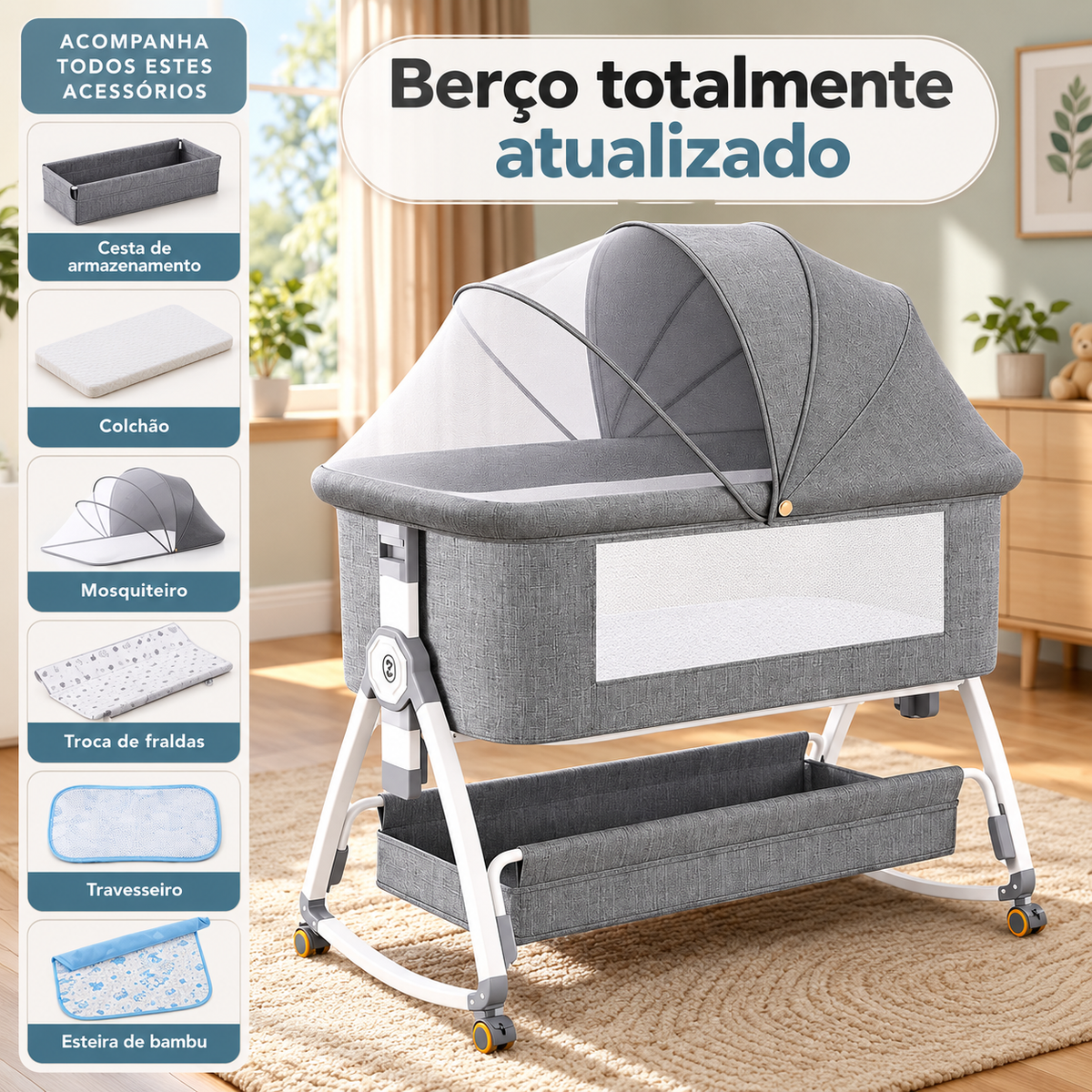 Berço Portátil Co-bed para Bebê 6 Alturas com Balanço, Mosquiteiro e Rodinhas