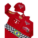 Macacão Fantasia Infantil Piloto tipo Carros McQueen Personalizada Nome e idade c/ Boné