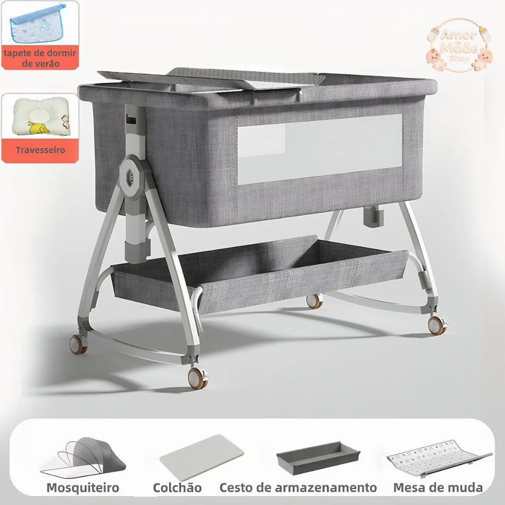 Berço Portátil Co-bed para Bebê 6 Alturas com Balanço, Mosquiteiro e Rodinhas