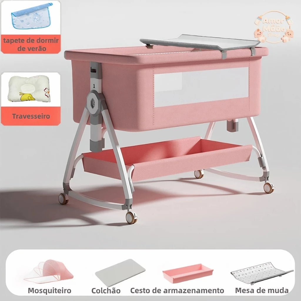 Berço Portátil Co-bed para Bebê 6 Alturas com Balanço, Mosquiteiro e Rodinhas